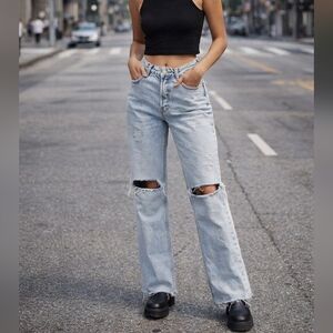 ZARA 100% Cotton Light Wash Distressed Straight Leg Jeans Raw Hem Y2K Grunge